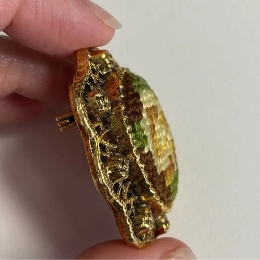 Vintage Earth Tone Gold Oval Needlepoint Brooch Flower